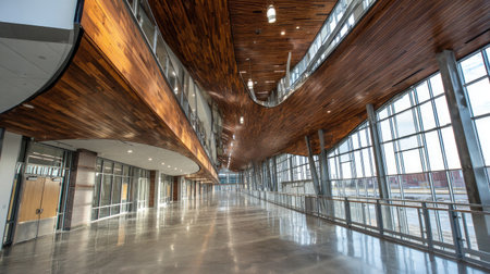 Stunning view of a spacious indoor hall showcasing a unique wooden ceiling and large glass windows. The design emphasizes modern architecture, light, and space.の素材
