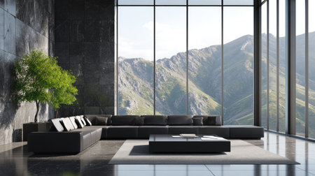 A stunning modern living room featuring large windows that showcase breathtaking mountain views. The minimalist decor includes a sleek sofa, stylish coffee table, and a green plant, creating a harmonious and serene atmosphere. Natural light fills the space, enhancing its elegant design.の素材