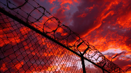 A striking image of a barbed wire fence silhouetted against a vibrant sunset sky, showcasing bold red and orange clouds. This scene evokes a sense of drama and boundary.の素材