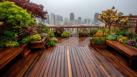 A stunning rooftop garden features a wooden deck adorned with vibrant flowers and lush plants, offering a serene escape amidst a rainy city skyline.の素材