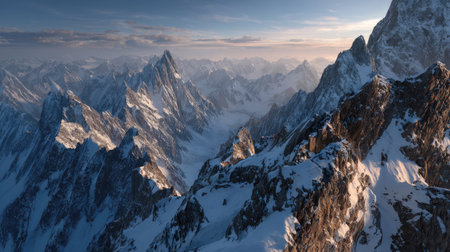 Stunning view of majestic snow-capped mountains at sunset, showcasing dramatic peaks and serene valleys, perfect for nature and adventure lovers.の素材