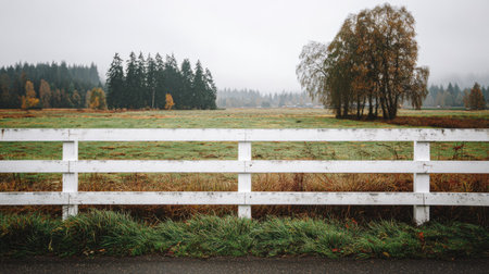 A tranquil countryside scene showcasing a white wooden fence in the foreground, surrounded by lush grass and distant trees shrouded in mist. The landscape captures the beauty of nature in an overcast environment, inviting a sense of calm.の素材