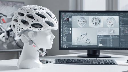 A modern cycling helmet design showcased on a mannequin head beside a computer displaying intricate digital animations and bicycle sketches, highlighting innovation.の素材