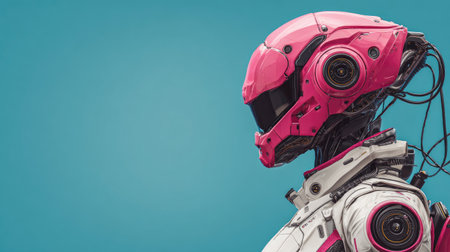 This image showcases a vibrant pink robot head profile with intricate details on a blue background, embodying futuristic technology and innovation themes.の素材