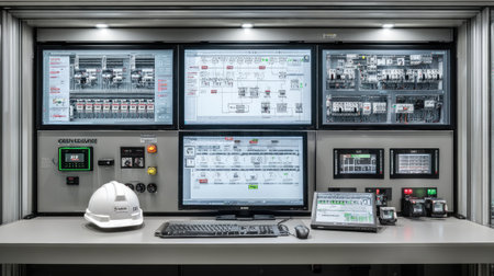 This image showcases a modern control room featuring multiple monitors displaying vital data and a safety helmet positioned on the desk, symbolizing industrial safety.の素材