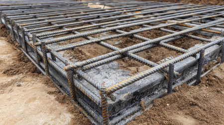 This close-up image showcases a detailed view of steel rebar framework embedded in freshly laid concrete, highlighting essential construction processes and materials.の素材