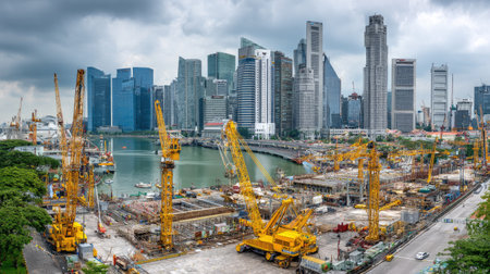 An extensive urban construction site showcases cranes and machinery surrounded by modern skyscrapers under a dramatic cloudy sky, symbolizing city development.の素材