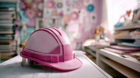 A vibrant pink hard hat sits atop a design layout on a desk cluttered with craft materials, embodying a unique blend of creativity and safety in a lively workspace.の素材