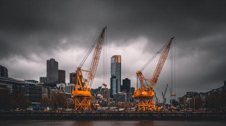 Two large yellow cranes dominate the foreground, towering over a bustling urban harbor with dramatic clouds overhead, showcasing industrial activity.の素材