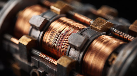 This high-resolution image showcases intricate copper wire coils within an electrical engine component, highlighting fine details and metallic textures.の素材