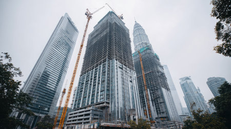 A vibrant construction site showcasing modern skyscrapers under development, surrounded by urban architecture and a cloudy sky. The image captures cranes and scaffolding, highlighting progress in city construction.の素材