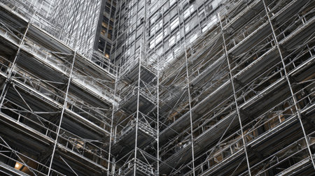 A detailed view of a construction site featuring scaffolding seen from below, highlighting the intricate framework and urban architecture in a modern cityscape.の素材