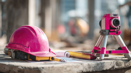 A vibrant pink hard hat sits beside specialized surveying equipment on a construction site, showcasing essential tools for accurate measurements and safety.の素材