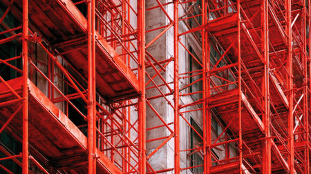This vibrant image showcases a red scaffolding structure surrounding a building under construction, highlighting modern urban architecture and safety measures.の素材