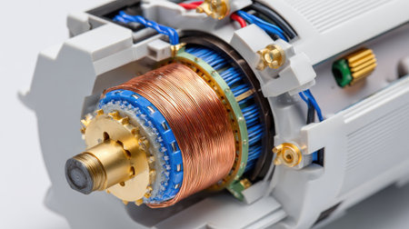 This image showcases a close-up view of electric motor components, highlighting the intricate design of copper windings and precision mechanisms. It illustrates the essential elements of electrical engineering and technology.の素材