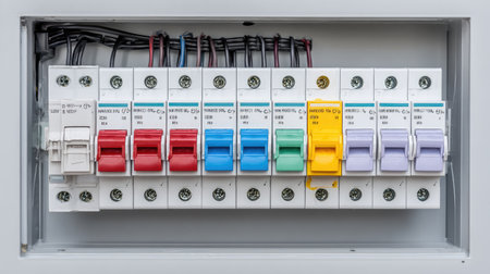 This image showcases an electrical circuit breaker panel featuring multiple switches with clear color coding, designed for safety and accessibility in homes and businesses.の素材