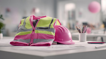 A vibrant pink safety vest and hard hat laid on a desk, highlighting safety in a modern workspace, surrounded by colorful stationery that inspires creativity.の素材
