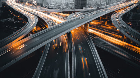 A stunning aerial shot capturing the intricate design of a highway interchange at night. The vibrant lights and flowing traffic create a compelling urban scene.の素材