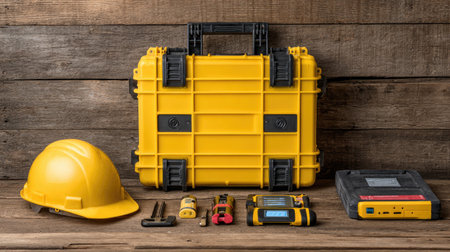 A vibrant yellow hard case surrounded by essential tools and a safety helmet, set against a rustic wooden background, ideal for construction and repair projects.の素材