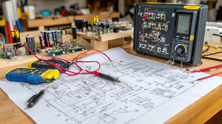 A dynamic workspace featuring electronic components, a multimeter, and circuit schematics, illustrating the process of testing and assembling electronic devices.の素材
