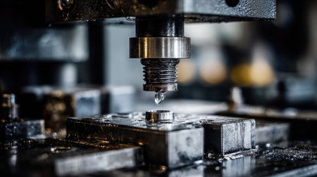 A detailed view of industrial machinery featuring a droplet of liquid falling on a metal surface during a manufacturing process, showcasing precision and technology.の素材