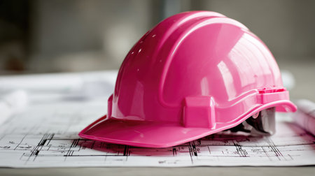 A vibrant pink construction helmet rests atop detailed architectural blueprints, symbolizing safety and creativity in design while emphasizing the importance of protection in construction environments.の素材
