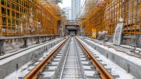 A detailed view of a construction site featuring rail tracks surrounded by vibrant scaffolding in an urban environment, highlighting engineering and development efforts.の素材