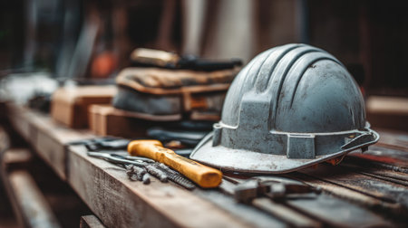 A focused capture of a construction helmet and various tools laid out on a wooden bench in a workshop. Ideal for projects related to safety and craftsmanship.の素材