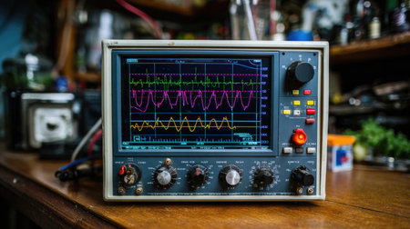 This image captures a vintage oscilloscope with vibrant waveforms displayed on its screen. The cluttered laboratory background enhances the technological atmosphere.の素材