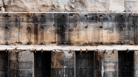 A close-up view of a weathered concrete wall highlighting exposed bolts and textured layers, ideal for showcasing industrial design and urban aesthetics.の素材