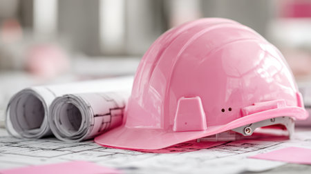 A pink safety helmet is displayed alongside architectural blueprints on a construction table, symbolizing support for women in engineering and construction.の素材