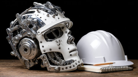 A striking image featuring a futuristic robot head meticulously crafted from polished metal, paired with a construction hard hat and a notebook, symbolizing the fusion of technology and engineering in modern workspaces.の素材