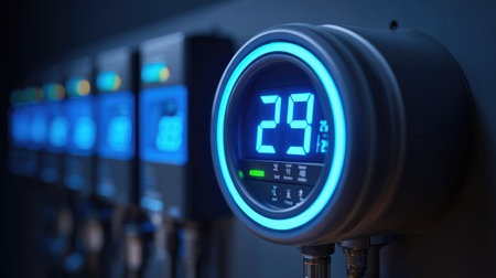 This image features a close-up of a digital gauge showcasing a temperature reading of 29 degrees, surrounded by advanced monitoring equipment in a modern control room.の素材