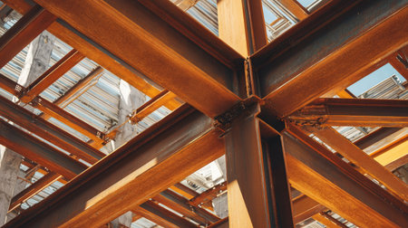 Close-up view of an industrial steel framework showcasing exposed beams and roofing in an urban construction setting, highlighting architectural elements.の素材