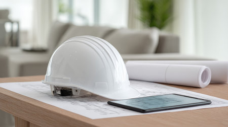 A close-up view of a white safety helmet placed on architectural plans next to a tablet, showcasing a modern workspace focused on construction and design.の素材