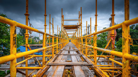 A striking view of a yellow scaffolding system under a dramatic sky, emphasizing construction efforts amidst lush greenery, creating an industrial yet natural scene.の素材