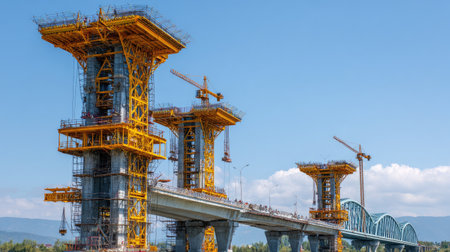 A vibrant urban construction site showcasing elevated bridge columns and cranes against a clear blue sky, emphasizing modern architecture and engineering efforts.の素材