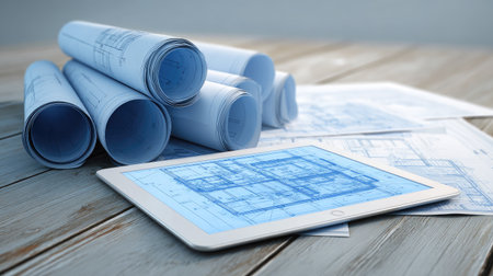 A scene showcasing architectural blueprints and plans on a wooden surface with a digital tablet displaying detailed designs, symbolizing modern engineering.の素材