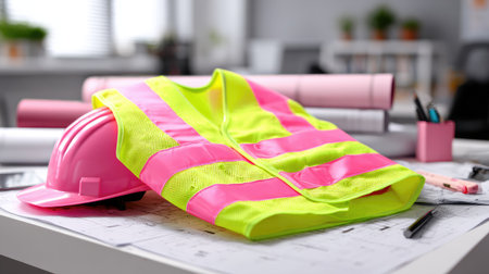 A bright safety vest and hard hat lay on architectural plans in a modern office setting, symbolizing planning, safety, and construction readiness.の素材