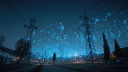 A striking night scene featuring towering power lines under a captivating digital overlay of glowing symbols and data concepts, blending technology with nature.の素材
