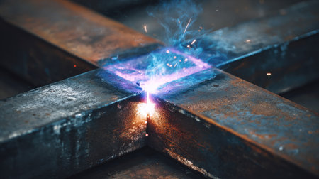 Close-up view of the metal welding process showing vibrant blue flames and flying sparks in an industrial workshop setting. The intricate details highlight the craftsmanship and technology involved in metal fabrication.の素材