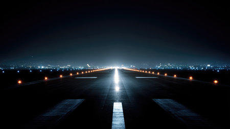 A captivating view of an empty runway at night, brightly lit with runway markers, showcasing the silhouette of a city beyond the horizon under a clear sky.の素材