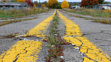 This captivating image showcases an abandoned road with cracked yellow lines, framed by vibrant autumn foliage in a serene, desolate landscape.の素材