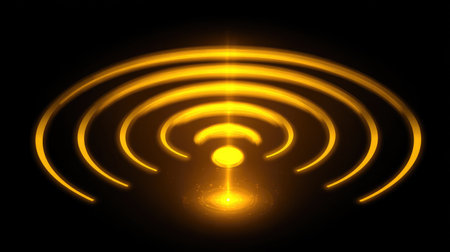 This image features striking radiating waves of golden light set against a dark background, creating a captivating abstract visual for digital art projects.の素材