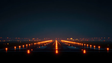 This stunning image captures an airport runway illuminated at night, with vibrant lights leading into the horizon, creating a serene and atmospheric scene.の素材