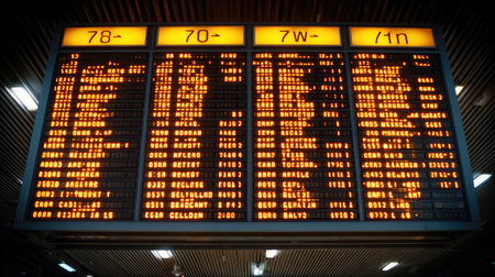 A vibrant electronic flight information display board in an airport terminal shows departure and arrival times along with flight details for travelers.の素材