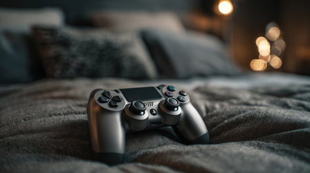 This image showcases a sleek gaming controller placed on a soft, cozy bed, surrounded by plush pillows and gentle lights, ideal for gamers seeking comfort.の素材