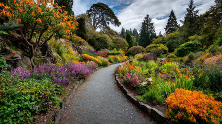 Discover a tranquil garden pathway lined with vibrant flowers and lush greenery, providing a peaceful retreat in a stunning natural landscape.の素材