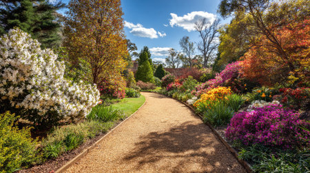 Explore a vibrant garden pathway adorned with colorful flowers under a clear blue sky, showcasing nature's beauty and tranquility in full bloom.の素材