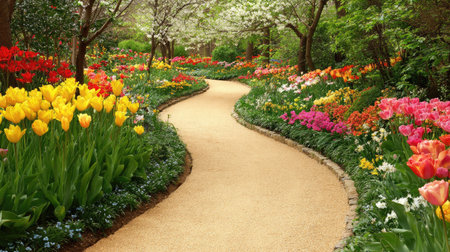 A meandering garden pathway adorned with vibrant tulips and blooming trees offers a serene escape into a colorful natural landscape during spring.の素材